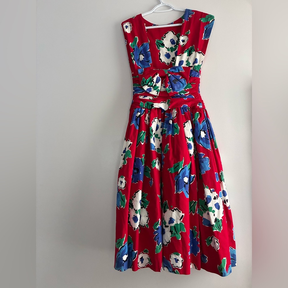Vintage Made in USA Red Floral Fit-and-Flare Dress with Blue & White Blooms